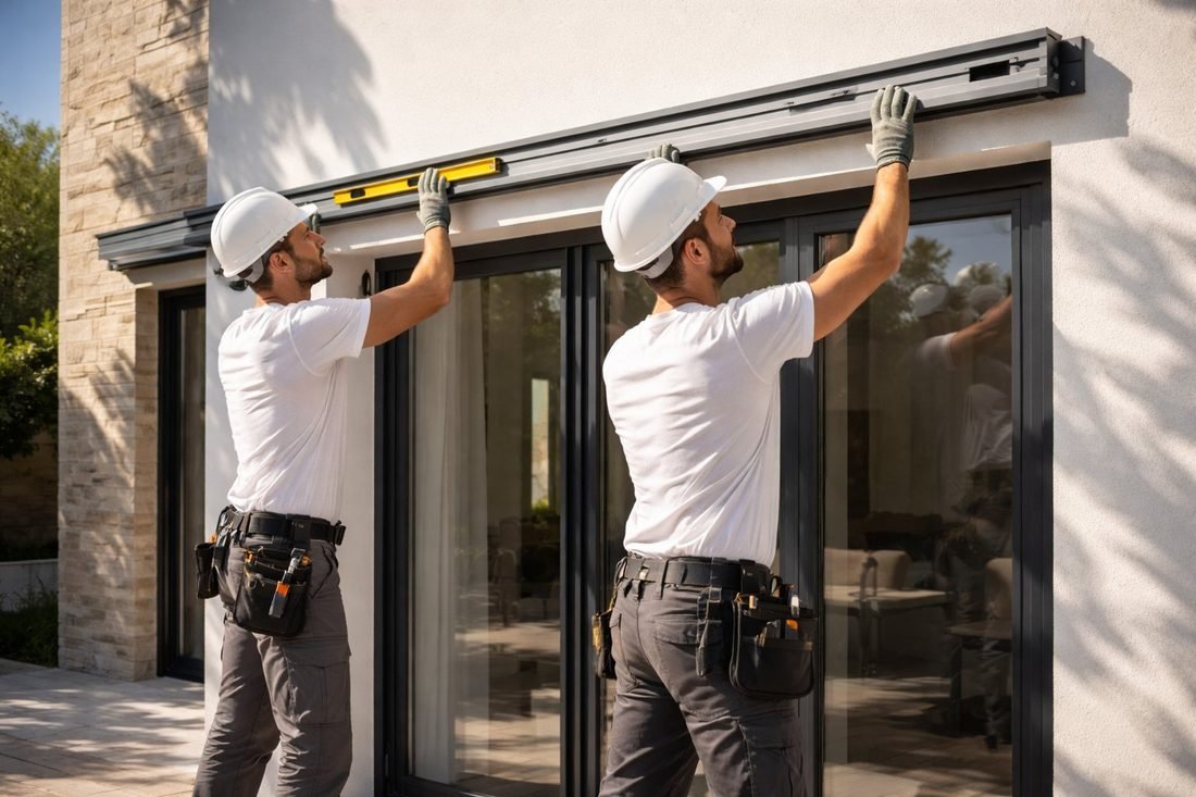 Manos sustituyendo la cinta desgastada de una persiana enrollable