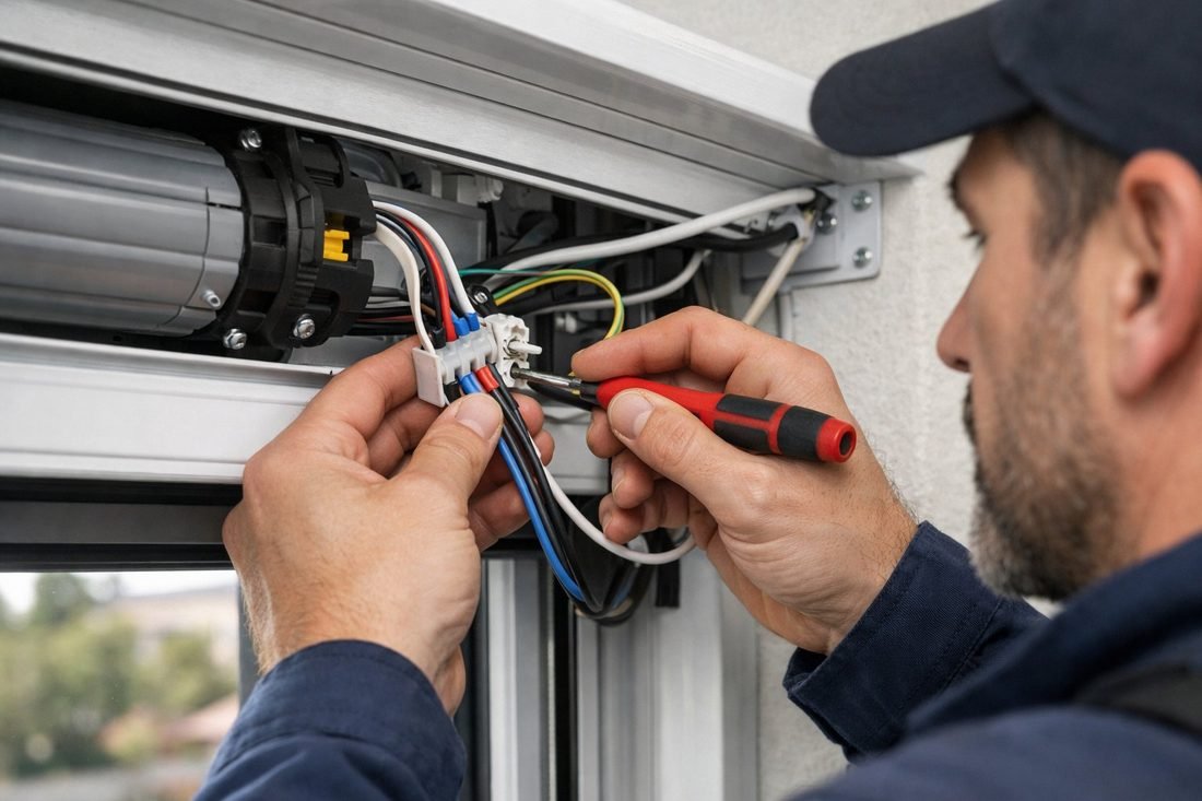 Persiana metálica de seguridad con cerradura de tres puntos en un comercio