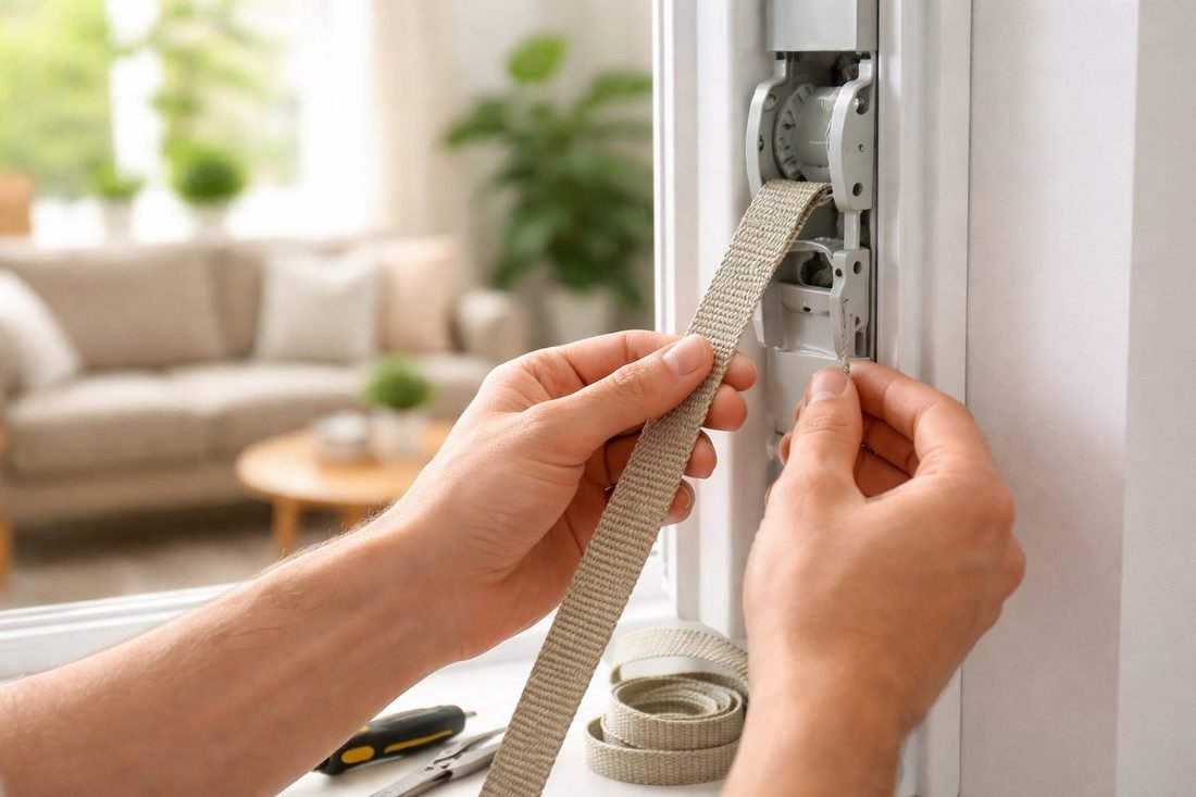 Persianista profesional diagnosticando el mecanismo de una persiana