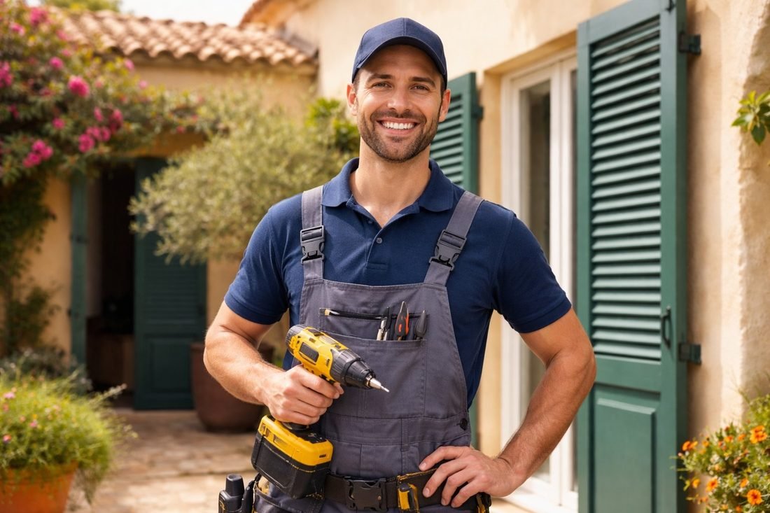 Técnico de persianas revisando una persiana en un edificio de primera línea de Salou
