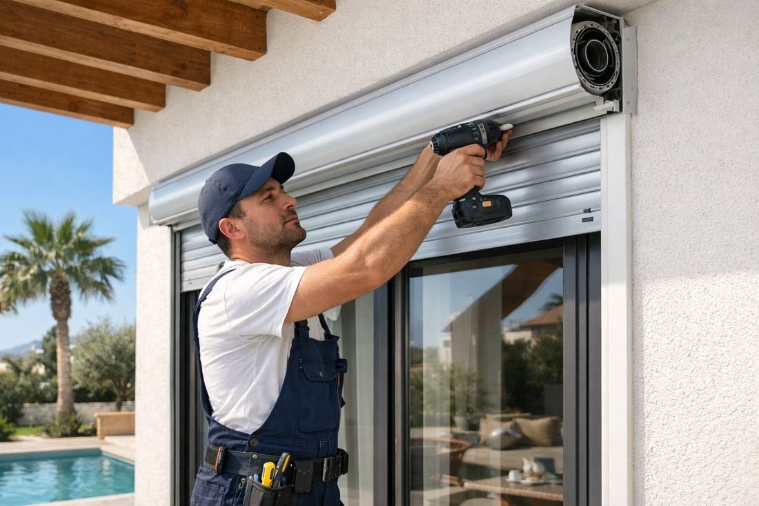 Técnico de persianas trabajando en una calle residencial de Tarragona con persianas enrollables blancas