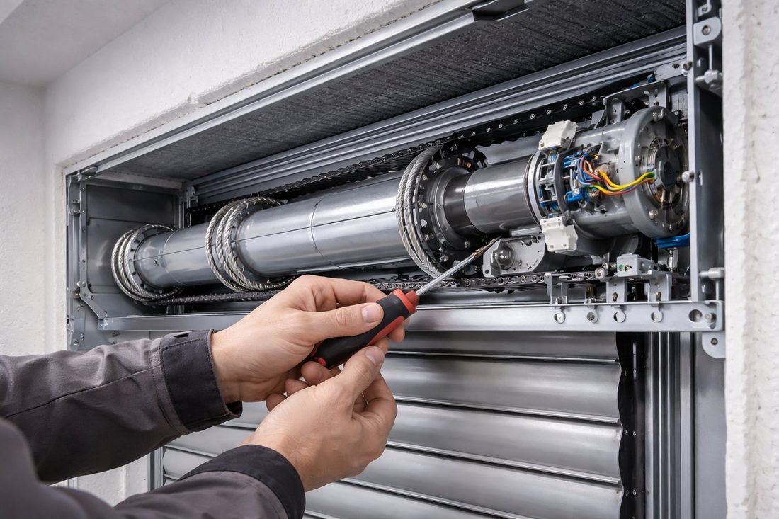 Equipo de persianistas profesionales trabajando en una fachada residencial